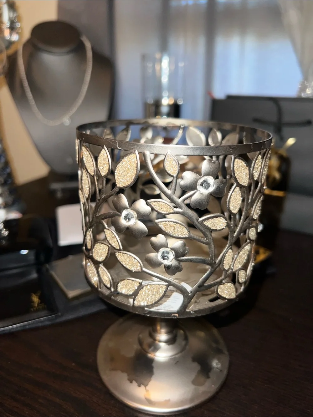 Bath & Body Works Silver Dogwood Candle Pedestal &Bejeweled Silver Candle Holder - Picture 7 of 15